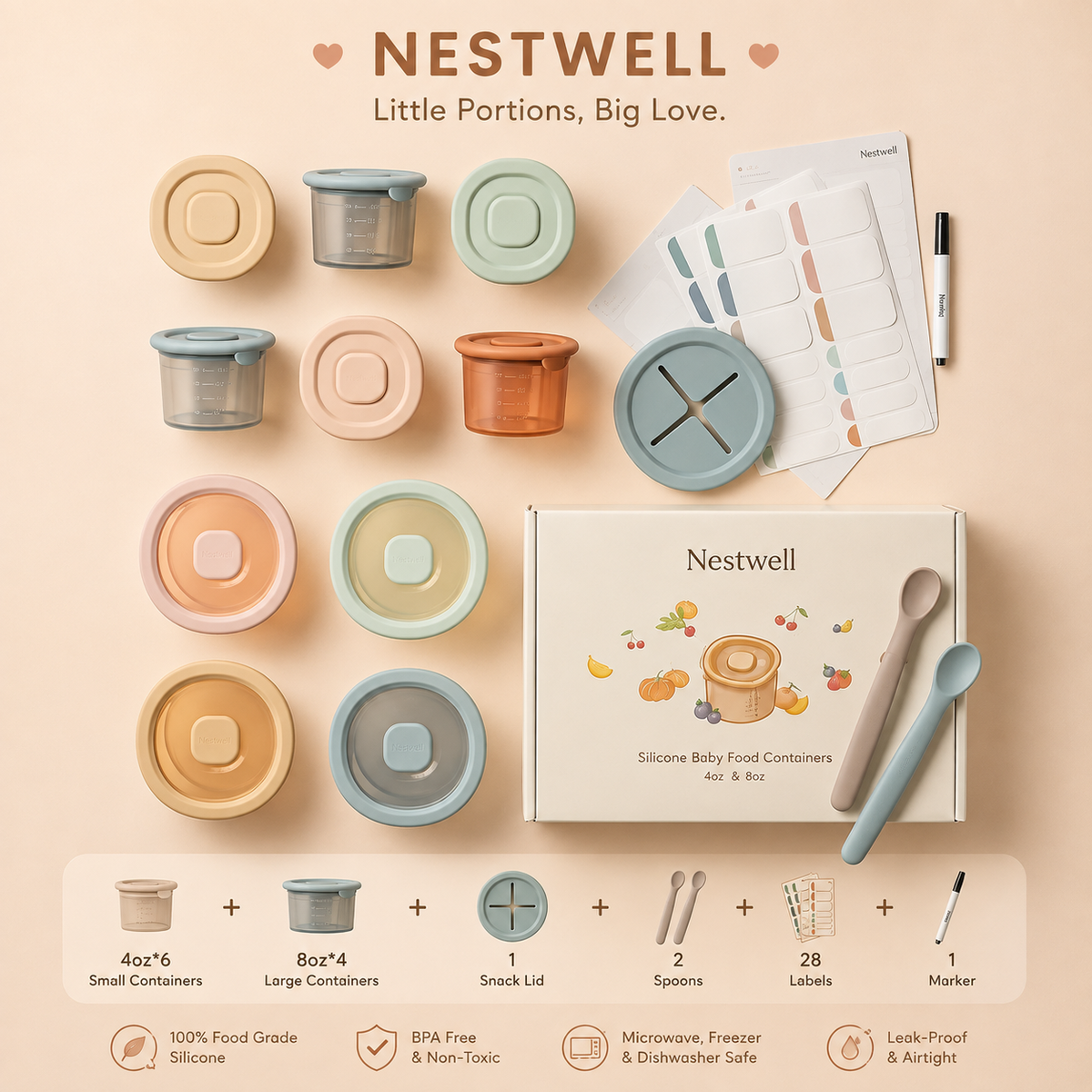 Nestwell Baby silicone baby food containers, food-grade platinum silicone set