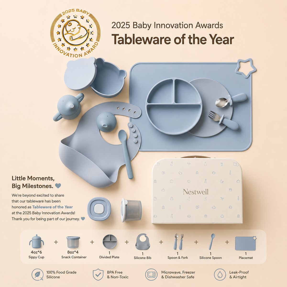 Nestwell Baby First Bites Feeding Gift Set in sky blue, baby feeding essentials