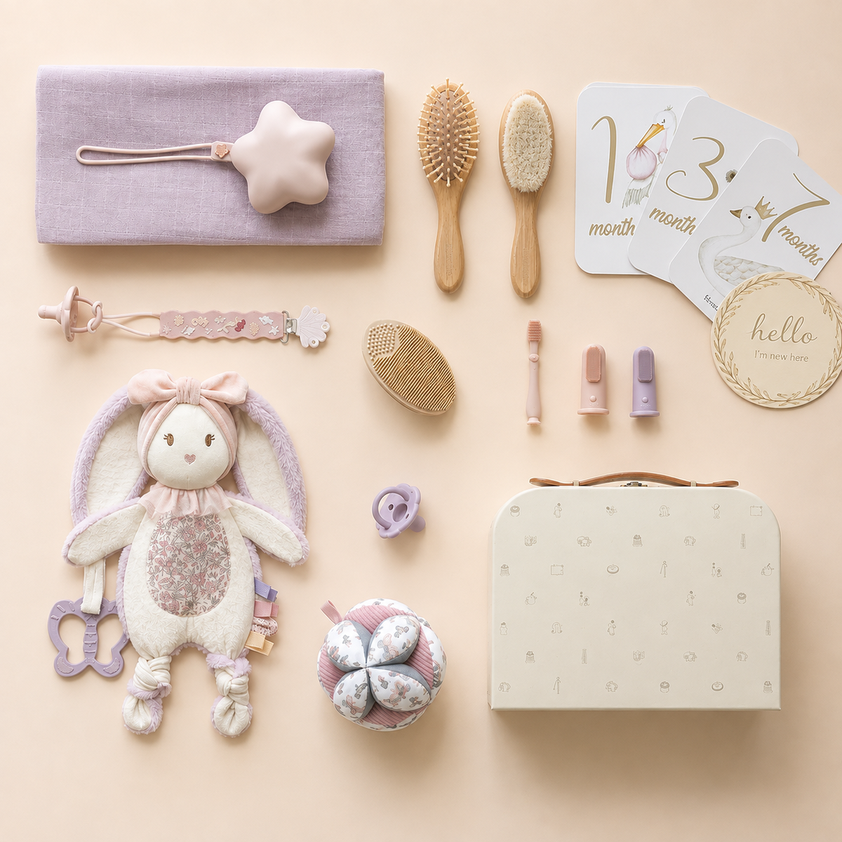 Nestwell Baby First Moments Newborn Gift Set in blush pink with bunny lovey and sensory ball