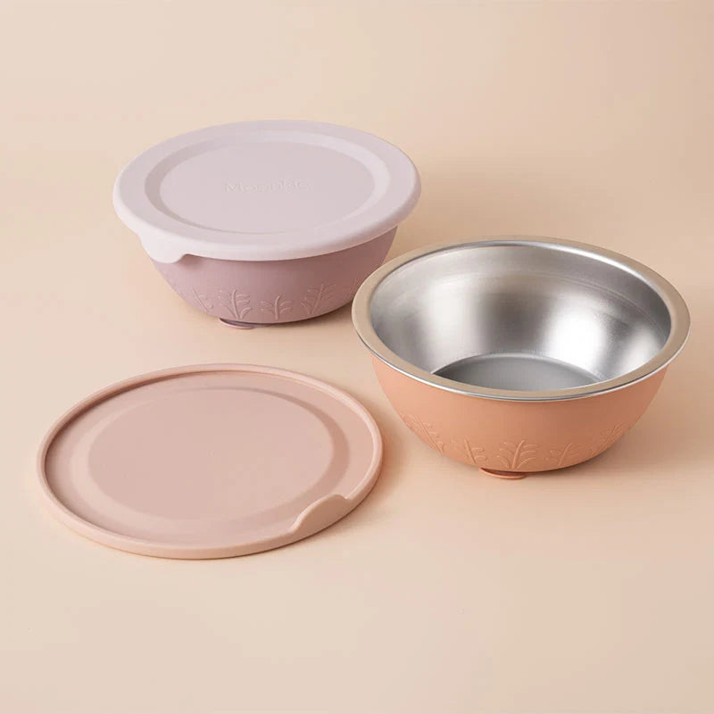 Nestwell Baby stainless steel suction bowl 13oz, 2-pack with silicone base and lids